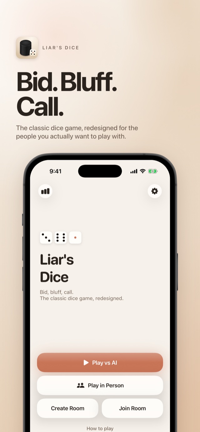 Liar's Dice App Store creative: Bid. Bluff. Call.