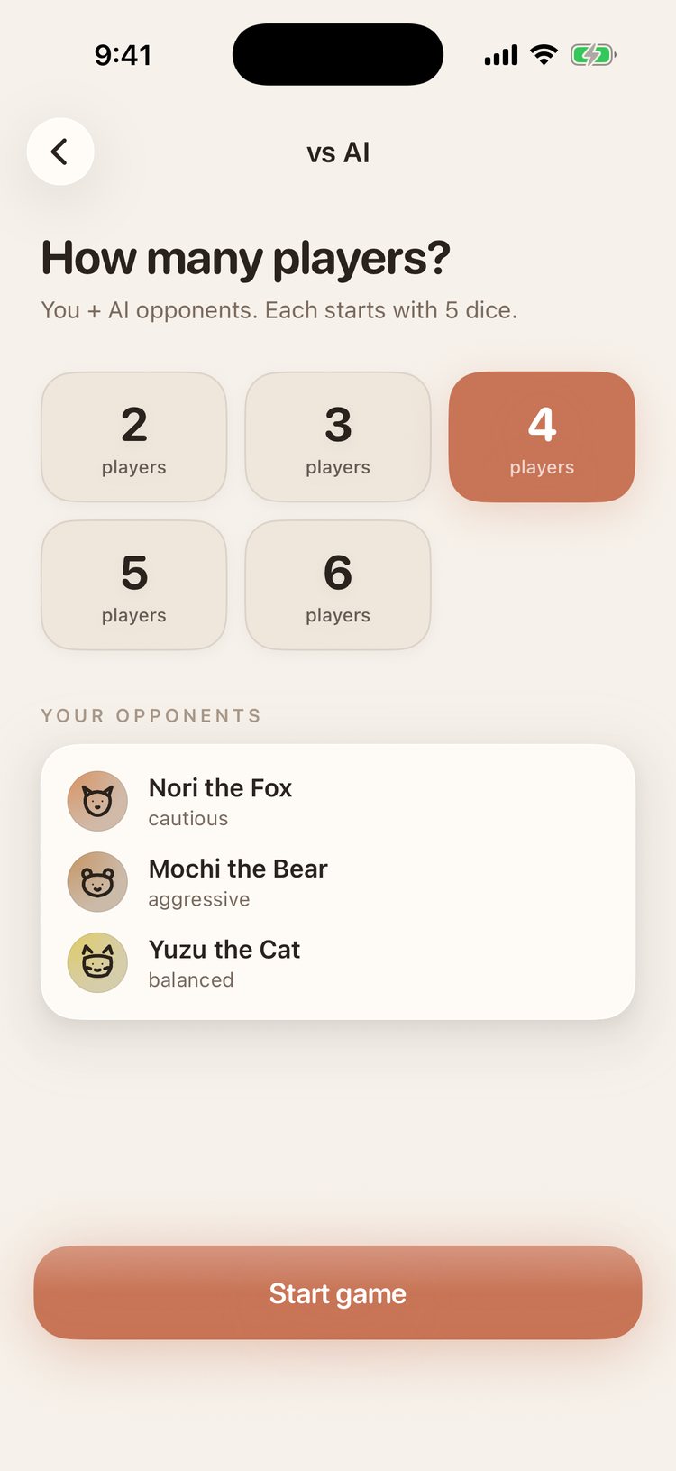 The vs AI setup screen: a player-count picker from 2 to 6 and three opponents — Nori the Fox, cautious; Mochi the Bear, aggressive; Yuzu the Cat, balanced.