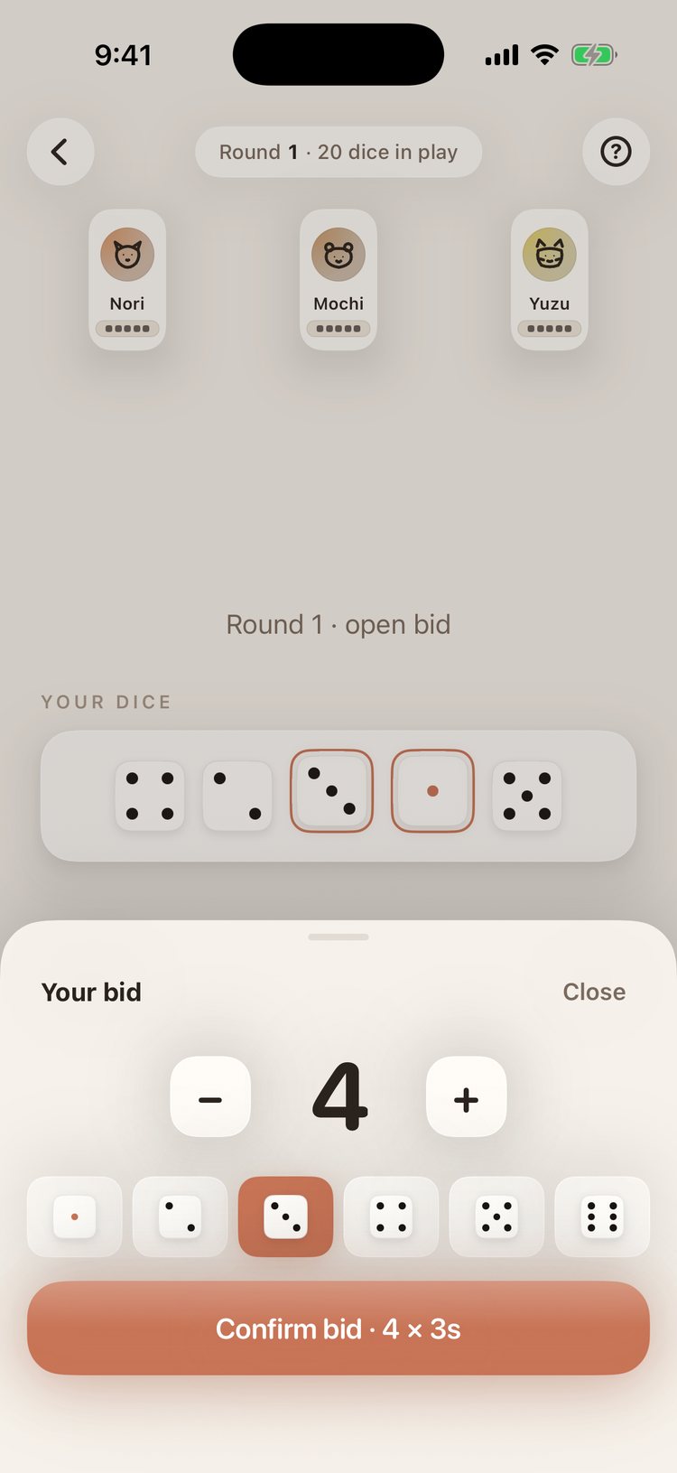 The bid composer in Liar's Dice: your five dice above, a bid of 4 × 3s being built with a quantity stepper and face picker, and a Confirm bid button.