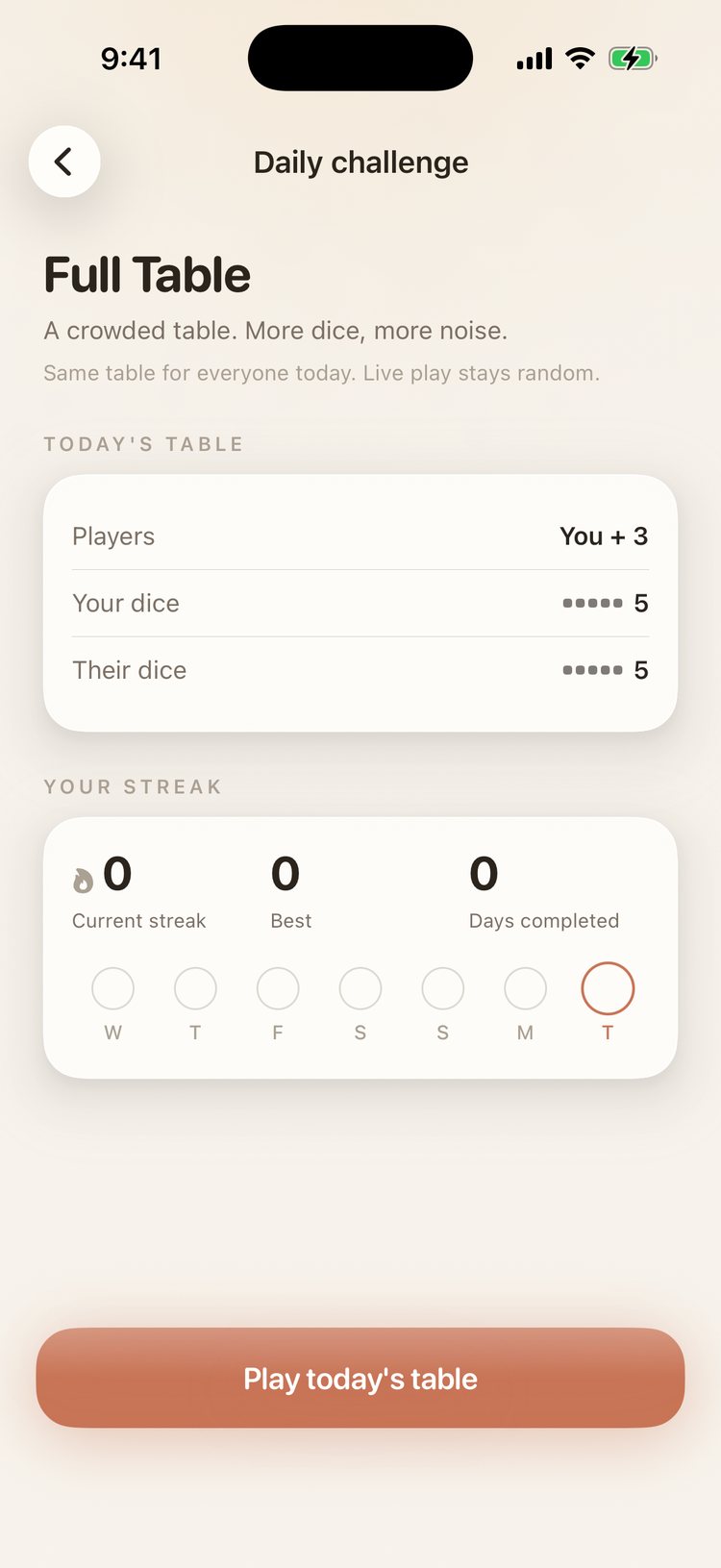 The Daily challenge screen: today's Full Table with player and dice counts, and a streak tracker across the week.