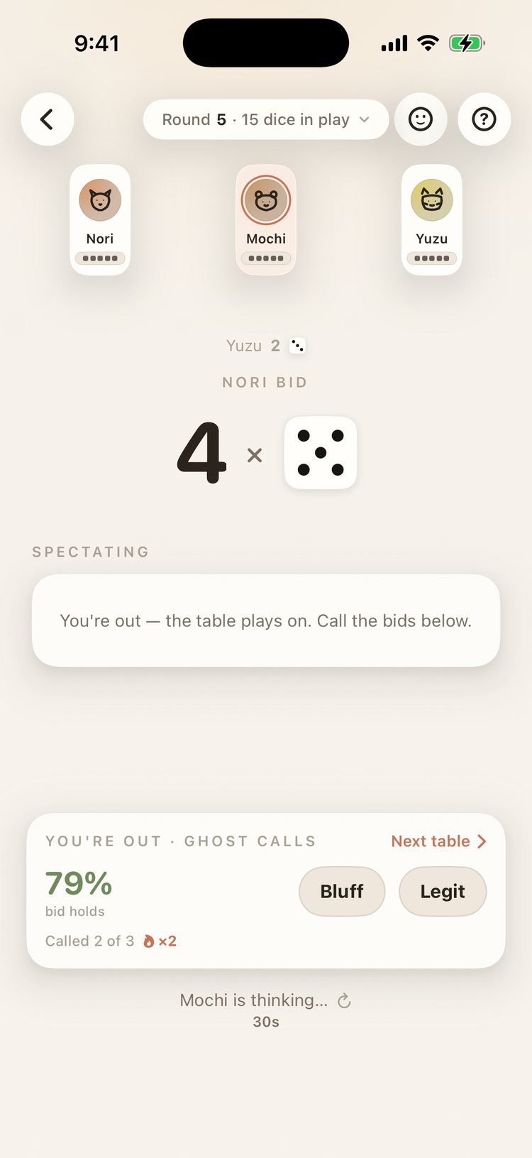 A game seen from the ghost seat: Nori bid 4 × 5s, a note that you're out and the table plays on, and Bluff and Legit buttons to call it.