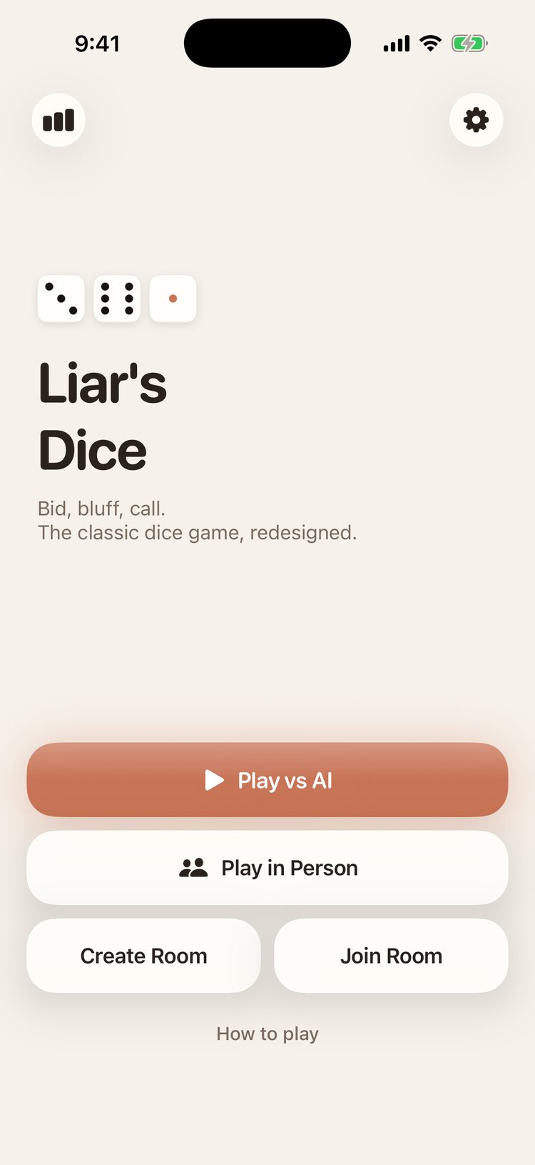 The Liar's Dice home screen: Play vs AI, Play in Person, Create Room and Join Room buttons under the title and three small dice.
