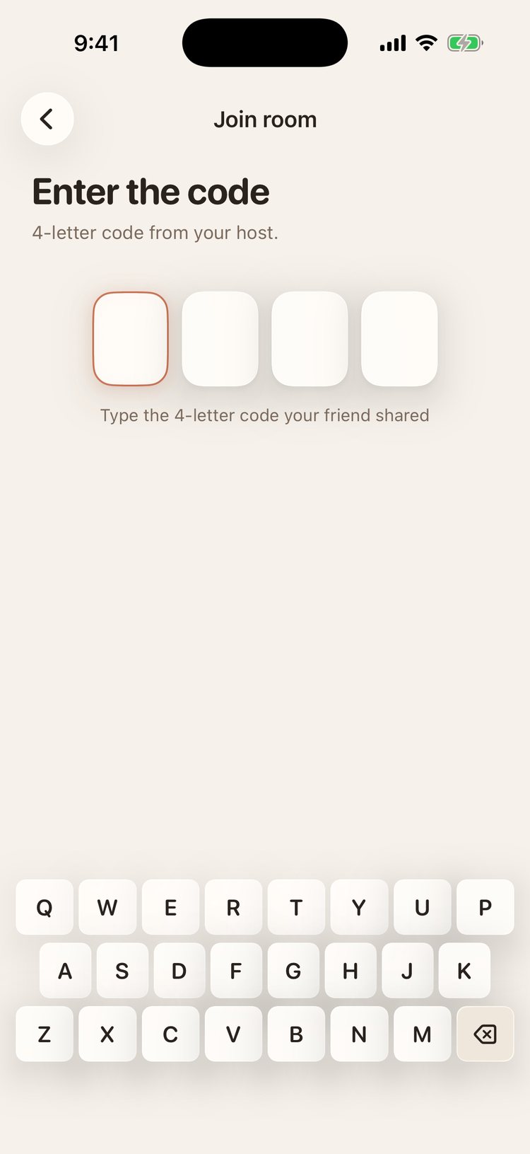 The Join room screen: four empty letter slots and a custom keyboard showing only the letters used in room codes.